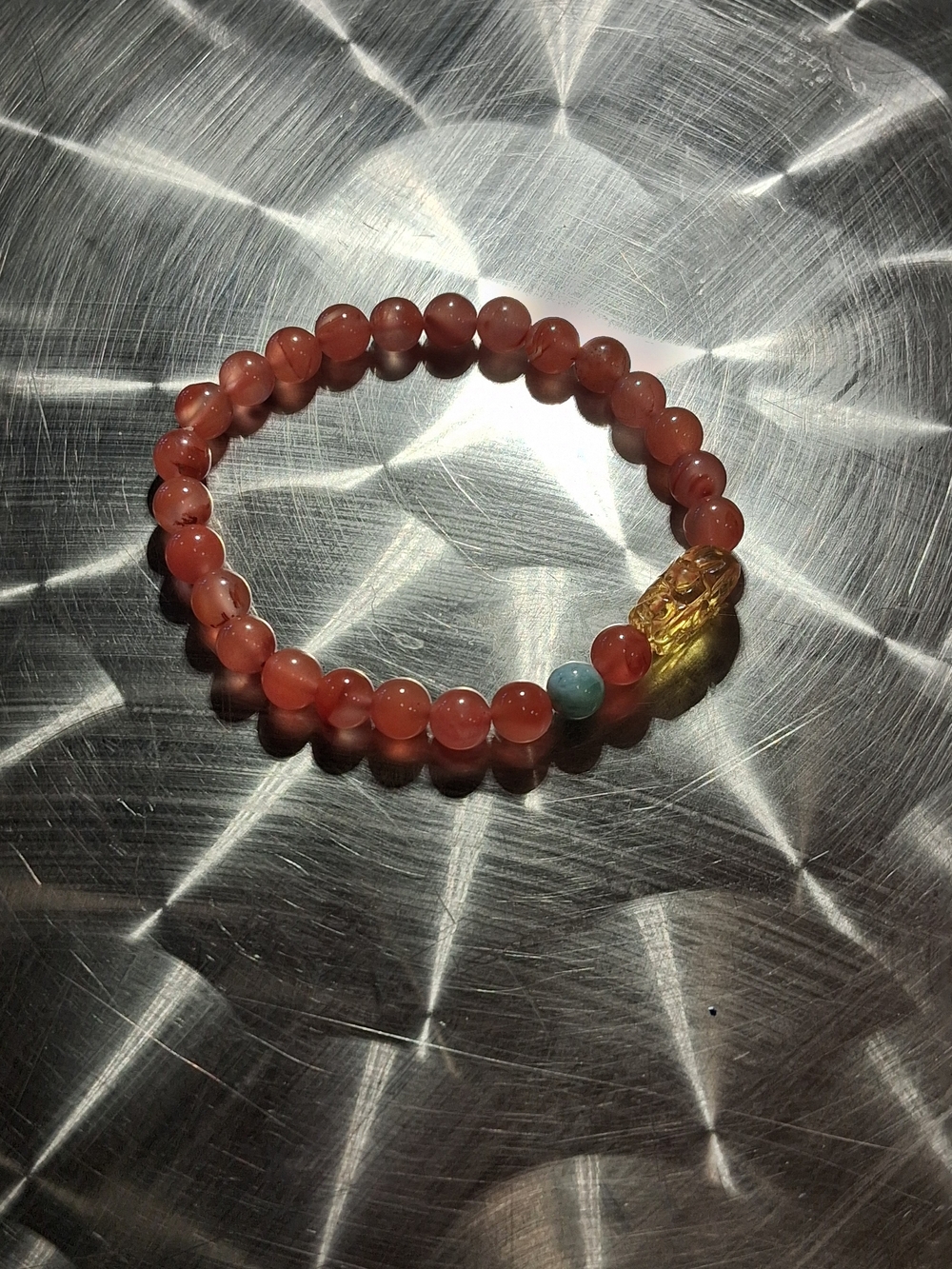 Pink Agate Beaded Stretch Bracelet with Gold Accent